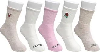 Ed Hardy Rose and Bird Embroidery Full Cushion Mid Crew Sock 5 Pack in Ivory at Nordstrom