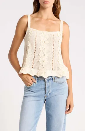All in Favor Lace Appliqu&eacute; Pointelle Knit Camisole in Cream at Nordstrom, Size X-Small