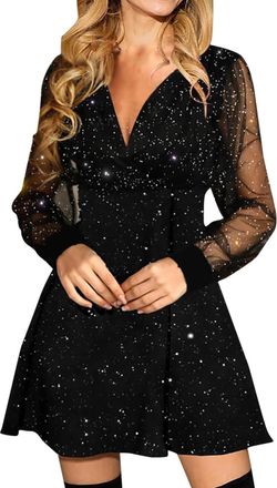 Generic Sparkly Sequin Dress for Women Fashion Glitter Mesh Sheer Long Sleeve Cocktail Party Dress Elegant V-Neck High Waist Above The Knee Formal Dresses Cla