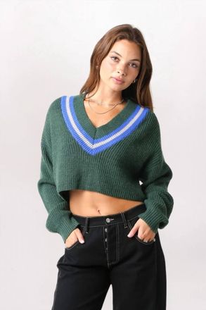 Olivaceous Varsity Cable V Neck Sweater In Dark Green/blue