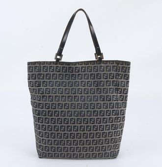 Fendi Beige Navy Leather Canvas Handbag Shoulder Bag Tote Bag (Pre-Owned)