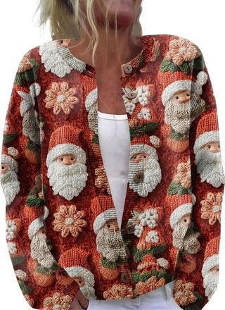 Generic Womens Cropped Christmas Jumpers Cardigan Funny Ugly Xmas Holiday Knit Jumper Long Sleeve Button Down Cardigan with Ribbed Cuffs Casual Festive Winter