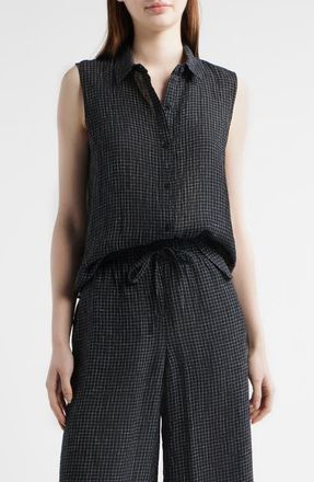 Eileen Fisher Grid Sleeveless Organic Linen Button-Up Shirt in Black/White at Nordstrom, Size Xx-Small