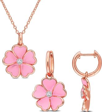 Delmar White Topaz & Enamel Flower Drop Earrings & Necklace Set in Pink at Nordstrom Rack