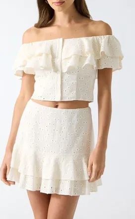 Guess Sade Eyelet Off the Shoulder Crop Top in Ivory at Nordstrom, Size X-Small