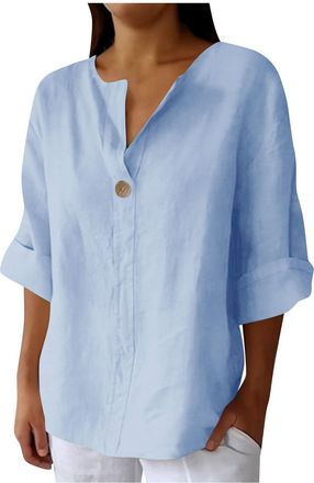 Generic Womens Tops Cotton Linen Shirts Summer Three Quarter Sleeve Cheesecloth V Neck Work Blouse Plus Size Ladies Tunic Tops T-Shirts Solid Color Casual Shi