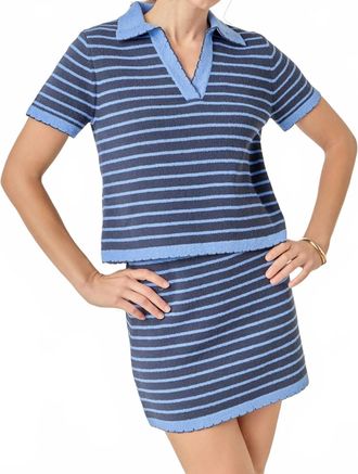 English Factory Stripe Polo Scalloped Hem Sweater In Blue