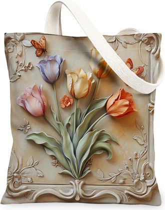 Generic Spring Relief Tulip Flower Canvas Tote Bag for Shopping 13x15, Luxury Floral Wildflower Reusable Grocery Print Pattern Bag for Women Men, Garden Aesth