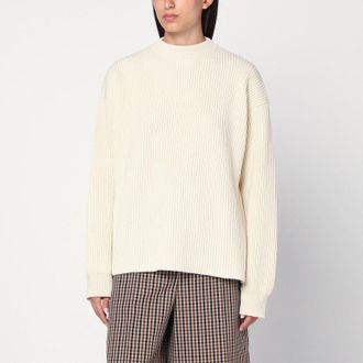 Jil Sander Womens White Ribbed Crewneck Sweater - Ivory Wool - Size EU 36 (Womens)
