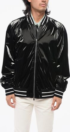 Alexander McQueen Solid-Color Bomber With Shiny Finish And Striped Ribbing Alexander McQueen
