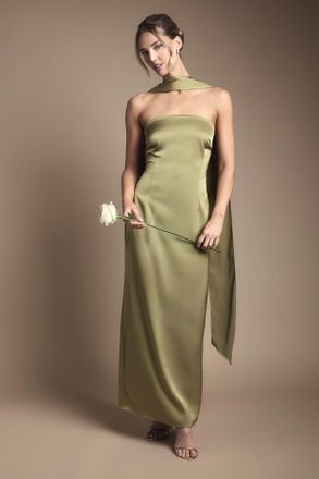 Oasis Womens Bandeau Satin Bridesmaid Maxi Dress With Scarf - Green - Size 14 UK
