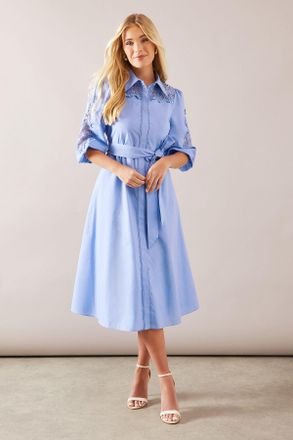 Wallis Womens Petite Occasion Cotton Cutwork Detail Shirt Dress - Blue - Size 16 UK