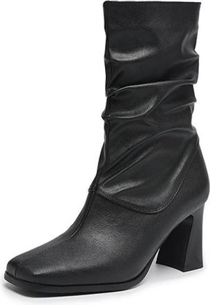 Generic Womens Knee-High Boots, Elegant Slouch Boots in Vintage PU Leather with Block Heel And Pointed Toe Slip-On Shoes Comfortable Tall Boots for Autumn Win