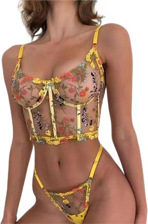 Generic Sexy Lingerie for Women Floral Embroidery Lace Bra and Panty Set Sheer Mesh Sleepwear Sets Naughty Babydoll Sweet Bralette Set Hot Lingerie Nightdress