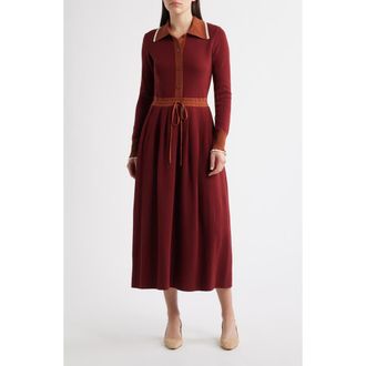 Julia Jordan Tipped Long Sleeve Drawstring Waist Sweater Dress in Wine/camel at Nordstrom, Size X-Large