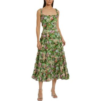 Mac Duggal Ruffle Floral Square Neck Midi Dress in Green Multi at Nordstrom, Size 12