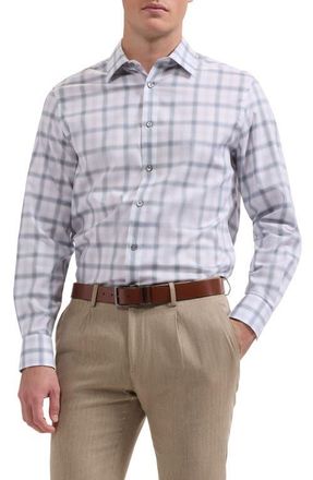 Bugatchi Julian Shaped Fit Check Stretch Cotton Button-Up Shirt in Platinum at Nordstrom, Size Xxx-Large
