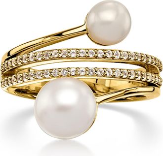 Ross-Simons 5.5-8mm Cultured Pearl and. White Topaz Bypass Ring in 18kt Gold Over Sterling