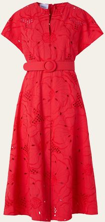 Akris Floral Eyelet Embroidered Short-Sleeve Belted Midi Dress