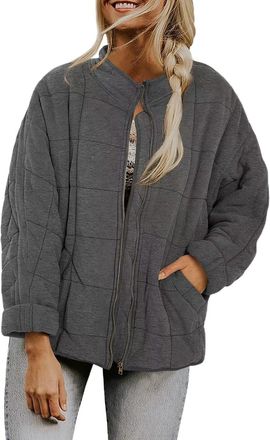 Generic Ladies Casual Loose Short Winter Quilted Cotton-Padded Jacket Stand-up Collar Zipper Coat with Pockets Solid Color Jacket