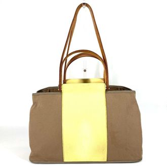 Herm&egrave;s Beige Yellow Leather Canvas Shoulder Bag Tote Bag (Pre-Owned)
