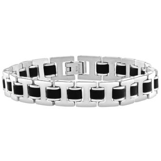 Pompeii3 Mens Steel Brushed Black Two Tone 11mm Link Flexible 8 Bracelet