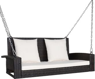 Costway Patio Rattan Swing Loveseat Outdoor 2-Seat Hanging Swing Bench W/ Cushions