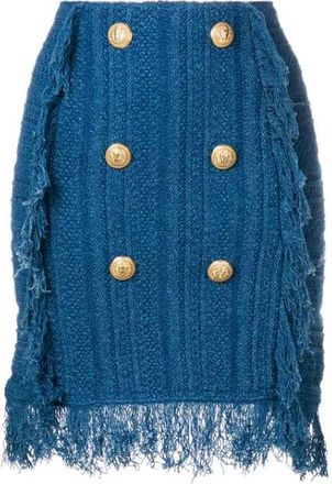 Balmain Frayed Button-embellished Tweed Mini Skirt In Blue Size XS