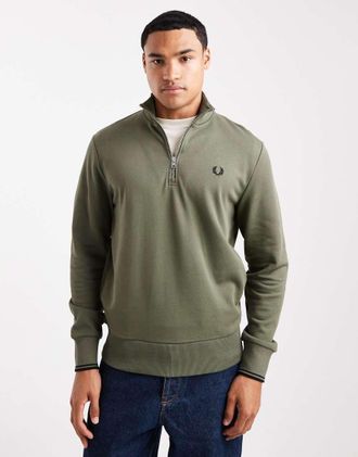 Fred Perry Felpa color kaki con zip corta-Verde