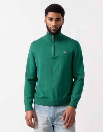 GANT Mens GANT Mens Classic Cotton Half Zip Jumper - 373 Deep Forest Green - Blue - Size: 40