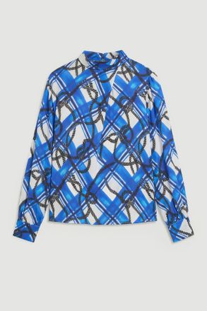 Karen Millen Womens Plus Size Rope Print Viscose Crepe Balloon Sleeve Blouse - Blue - Size 18 UK
