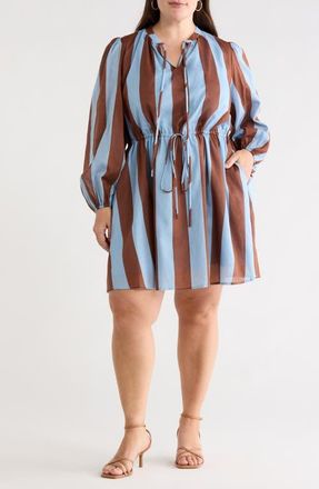 Sugarlips Evabelle Stripe Long Sleeve Shift Dress in Brown-Blue at Nordstrom, Size 1X