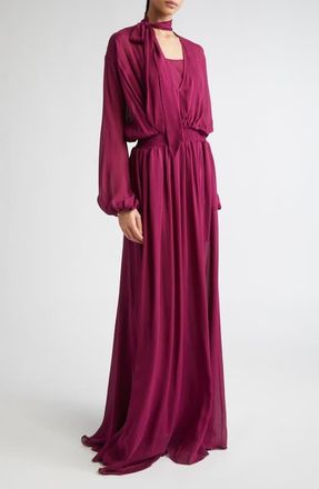 Giambattista Valli Tie Neck Long Sleeve Silk Chiffon Dress in Violet at Nordstrom, Size 8 Us