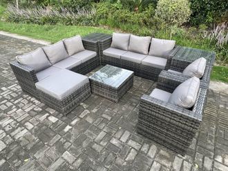 Fimous Rattan Garden Furniture Sofa Set with 2 Armchairs Square Coffee Table Side Table Big Footstool Indoor Side Table in Dark Grey