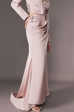 Karen Millen Womens Archive Collection - Tailored Satin Drape Corset Detail Fishtail Maxi Skirt - Mink - Size 10 UK