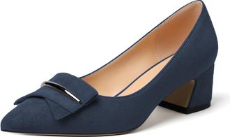 EDEFS Women Pointed Toe Block Heel Pumps Slip on Low Heels Pointed Toe Court Shoes Classic Buckle Design 2 Block Heeled Shoes Suede Navy UK2