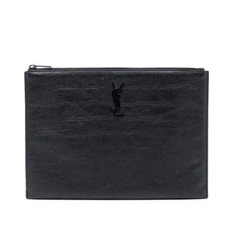 Saint Laurent Pre-owned Womens Croc Embossed Leather Monogram Clutch - Black - One Size