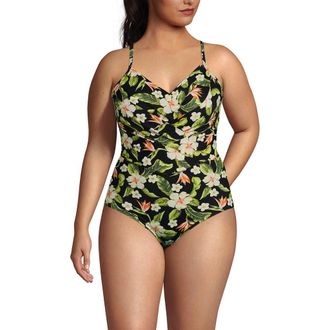 Lands End Plus Size Slender Suit Pleated Low Leg One Piece Swimsuit in Hibiscus Floral/black at Nordstrom, Size 20W