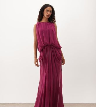 Asos Tall ASOS DESIGN Tall vestito maxi blouson con drappeggio e schiena bassa in raspberry-Rosso