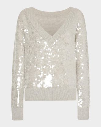 Milly Ilaria Deep V-Neck Sequin Sweater