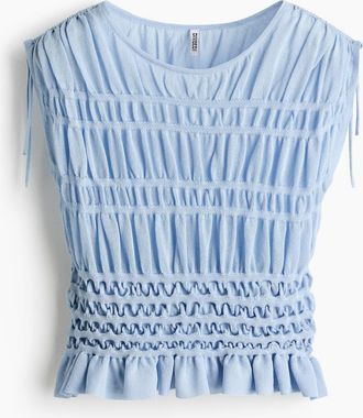 H&M Smocked Fine-knit Top in Light Blue at Nordstrom, Size X-Small