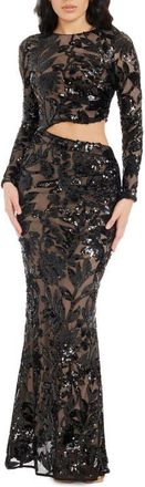Dress The Population Candace Floral Sequin Cutout Long Sleeve Mermaid Gown in Black-Beige at Nordstrom, Size Large