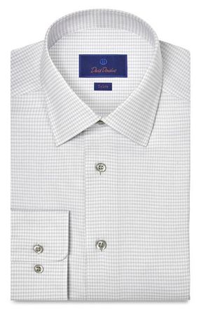 David Donahue Trim Fit Microcheck Stretch Cotton Twill Dress Shirt in Pearl/White at Nordstrom, Size 17.5 - 32