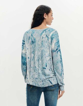 Desigual Maglione blu con scollo a V e stampa astratta