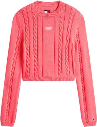 Tommy Jeans Logo Embroidery Cable Knit Slim Jumper - Dames - Ronde hals truien - Rood - XS - Katoen - Truien & Vesten