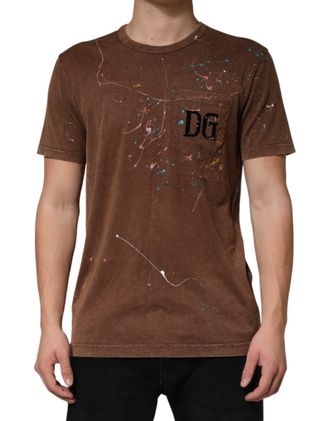 Dolce & Gabbana Brown Splash Color Cotton Crew Neck Mens T-shirt