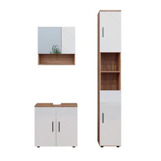 Vicco Conjunto De Muebles De Ba&ntilde;o Irma, Blanco Brillo Intenso/roble Dorado, 3 Partes, Con Mueble Alto
