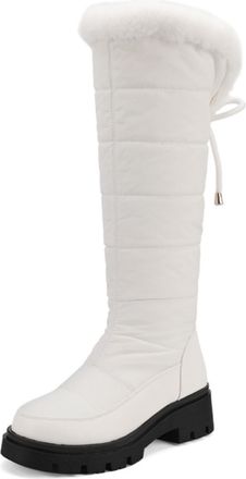 Generic Womens Quilted Knee-High Snow Boots Faux Fur Trim Drawstring Detail Comfortable Platform Sole Non-Slip Wear-Resistant for Winter Daily Outdoor Casual,