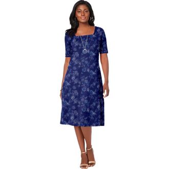 Jessica London Stretch Cotton Square Neck Midi Dress in Blue Outline Floral at Nordstrom, Size 24
