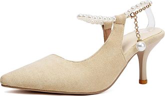 Generic Womens Pearl Ankle Strap Wedding Dress Shoes Faux Suede Slingback Bridal Sandals Stiletto High Heel Evening Party Prom Pumps,Beige,4.5 UK